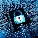 graphic symbol of a lock on a computer circuit board - computer security system