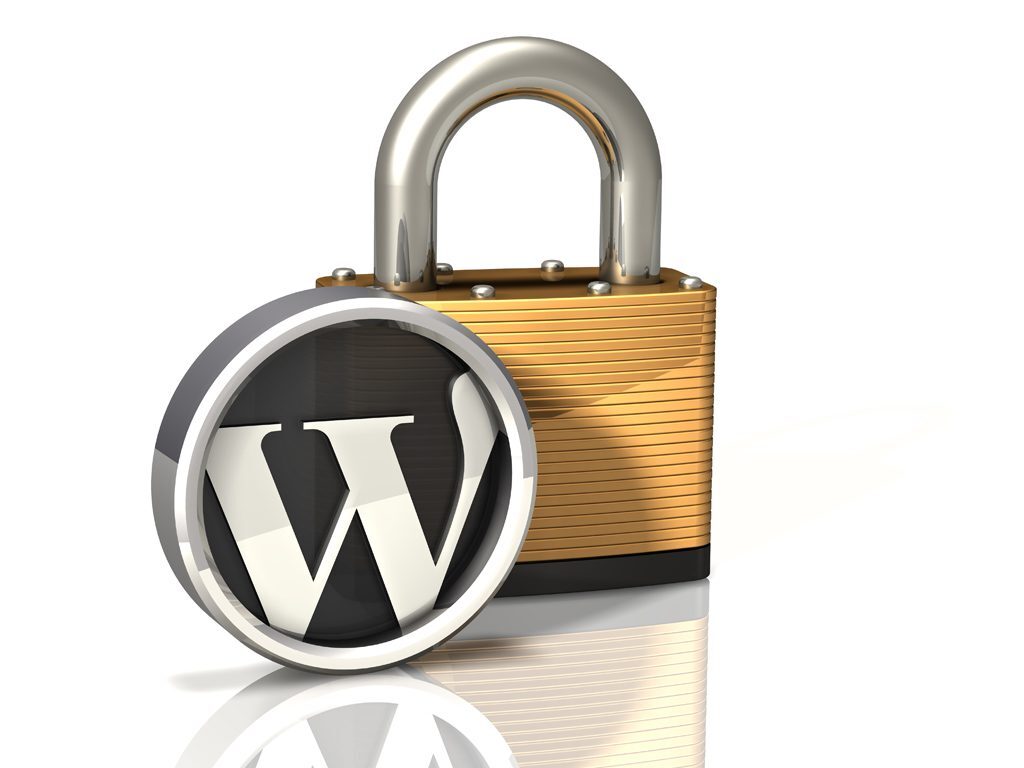 3d illustration of a large brass padlock on a reflective surface with a silver WordPress logo standing in front of it