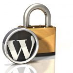 3d illustration of a large brass padlock on a reflective surface with a silver Wordpress logo standing in front of it